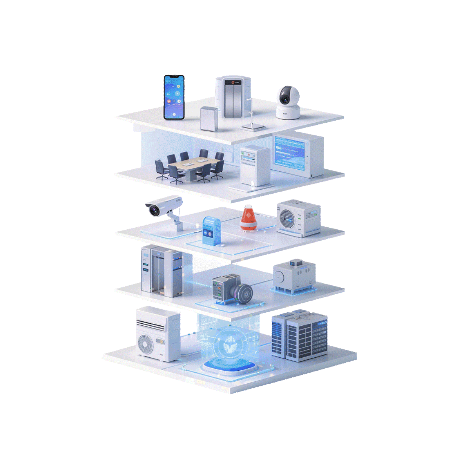 3D rendering of building infrastructure layers — connected devices, sensors, servers, and robotics.